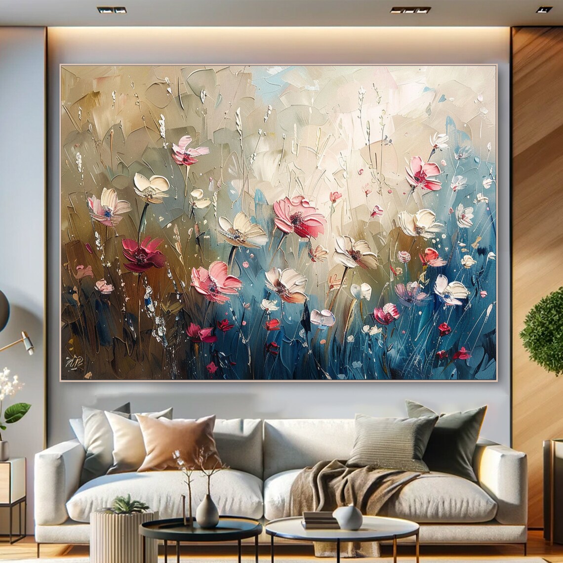 Cream Wildflowers Neutral Beige Blue Elegant Botanical Floral Poster - Image 3