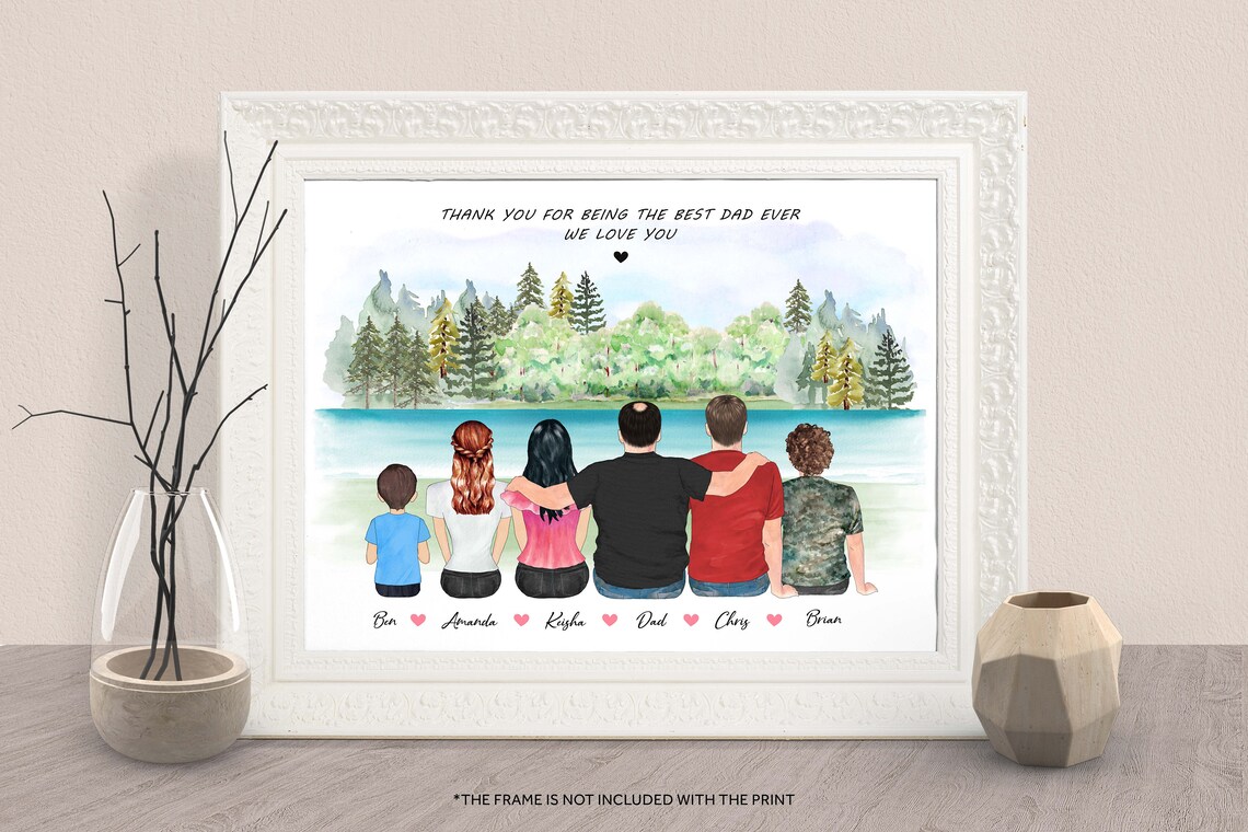 Personalized Best Dad Ever Five Kids Lake Family Portrait Print