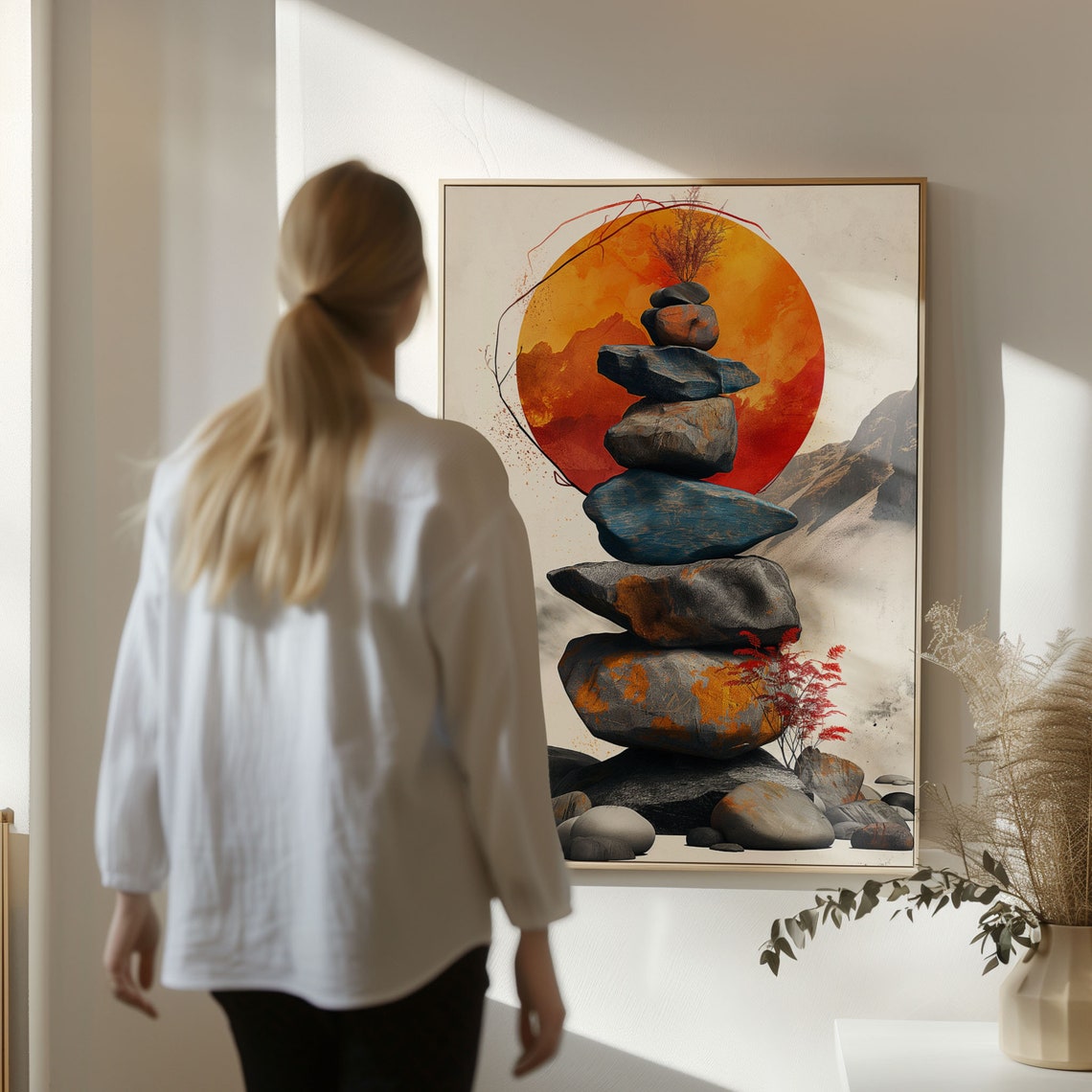 Balancing Stone Cairn Under a Giant Red Sun Zen Garden Poster - Image 6