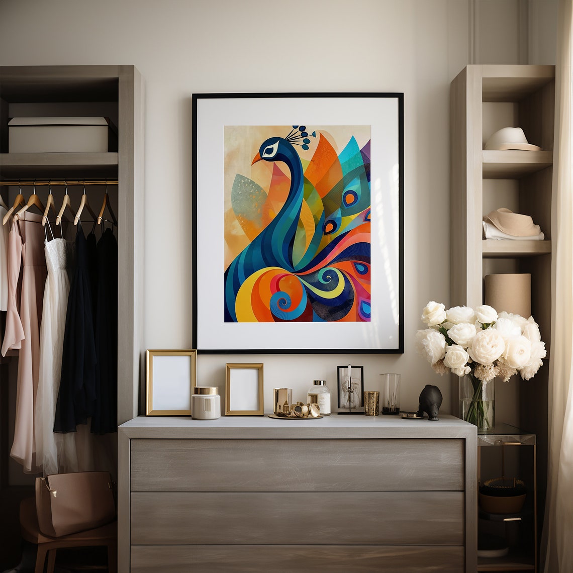 Stylized Peacock in Rainbow Geometric Colors Design Wall Print - Image 3