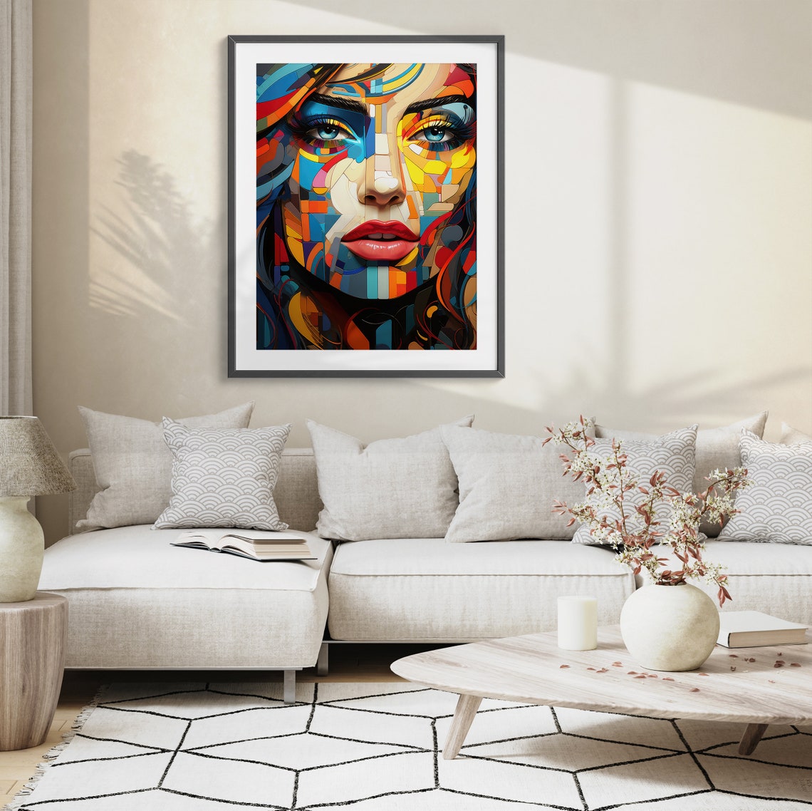 Vibrant Cubist Mosaic Woman Face with Red Lips Closeup Poster - Image 5