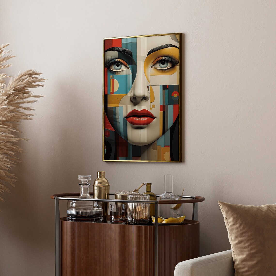 Geometric Cubist Woman Face in Teal Red and Gold Blocks Poster - Image 2