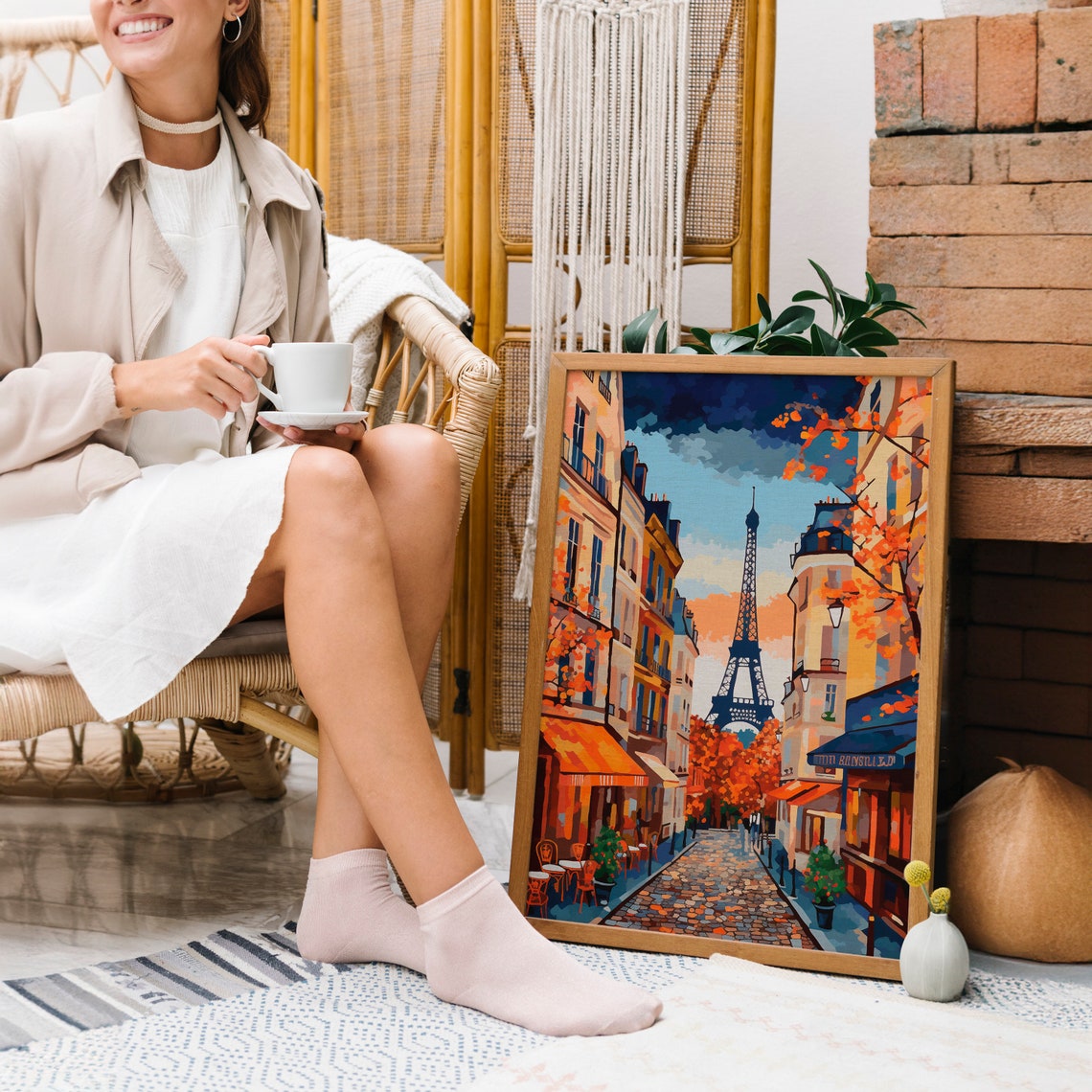Paris Street with Eiffel Tower in Autumn Cafe Scene Art Poster - Image 4