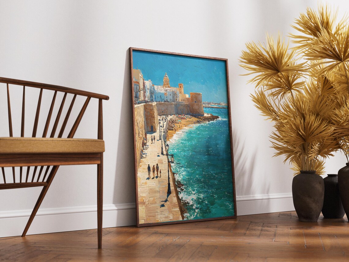 Sunny Mediterranean Coastal Town Seawall and Old Buildings Art Poster