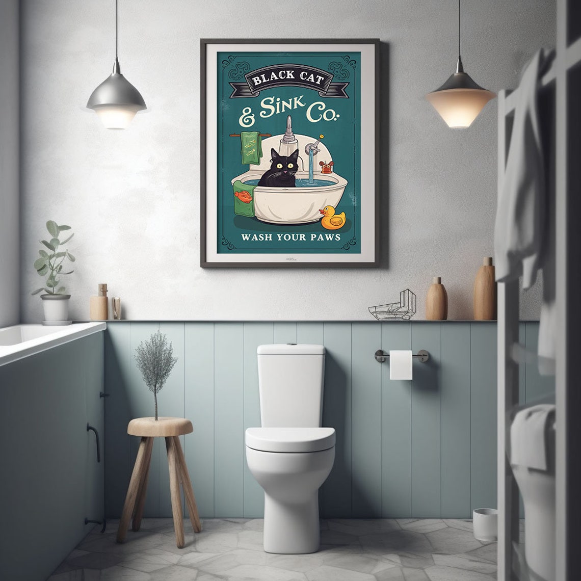 Black Cat And Sink Co Wash Your Paws Funny Vintage Bathroom Poster - Image 3