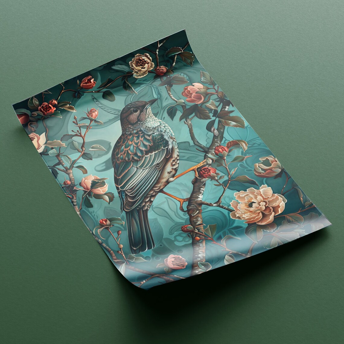 Turquoise Songbird Among Roses Vintage Style Floral Bird Art Poster - Image 2