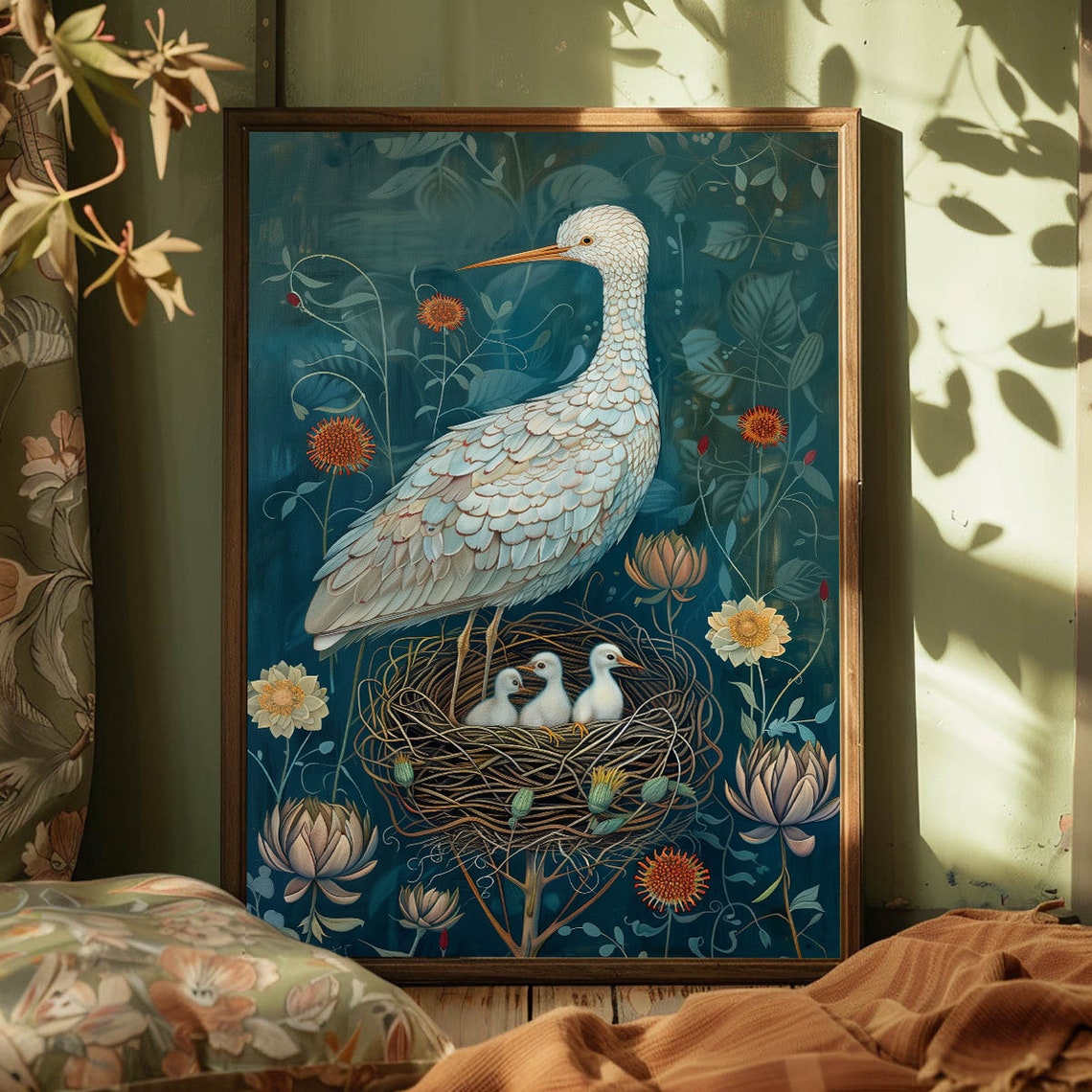 White Egret With Three Chicks In Nest Deep Teal Floral Bird Art Poster - Image 4