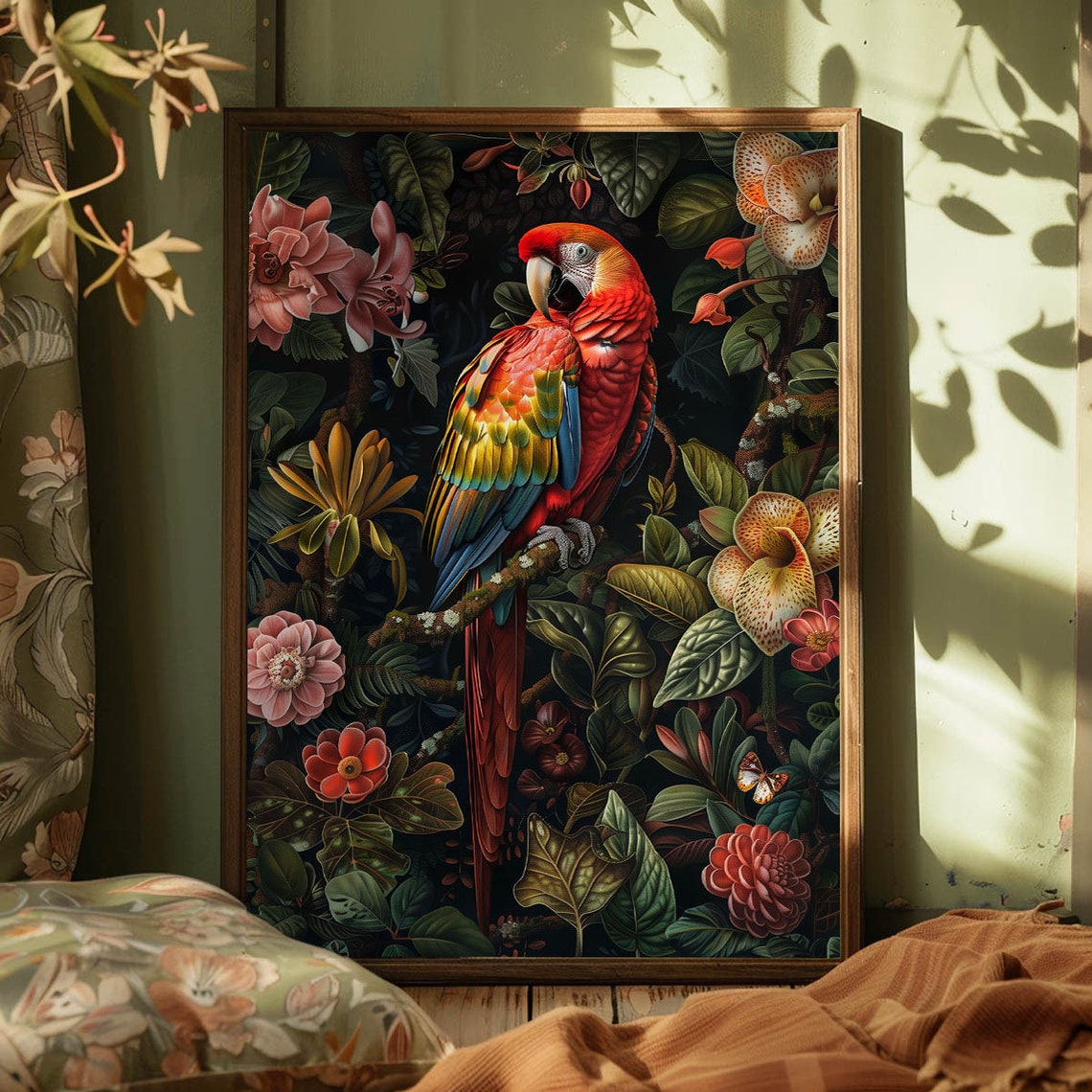 Bold Scarlet Macaw Parrot Dark Tropical Floral Jungle Art Poster - Image 4