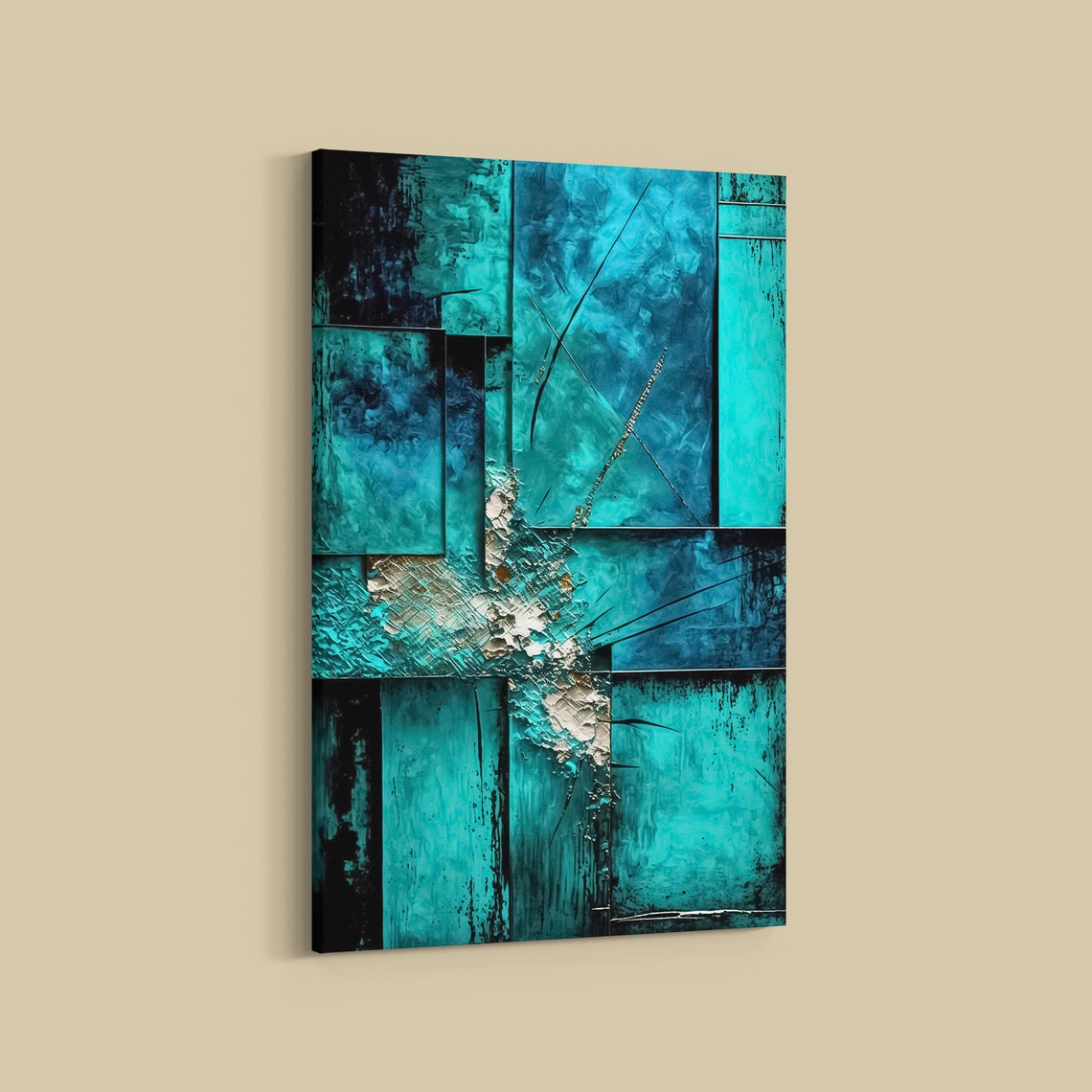Turquoise Blue Geometric Abstract Panel Modern Canvas Wall Art
