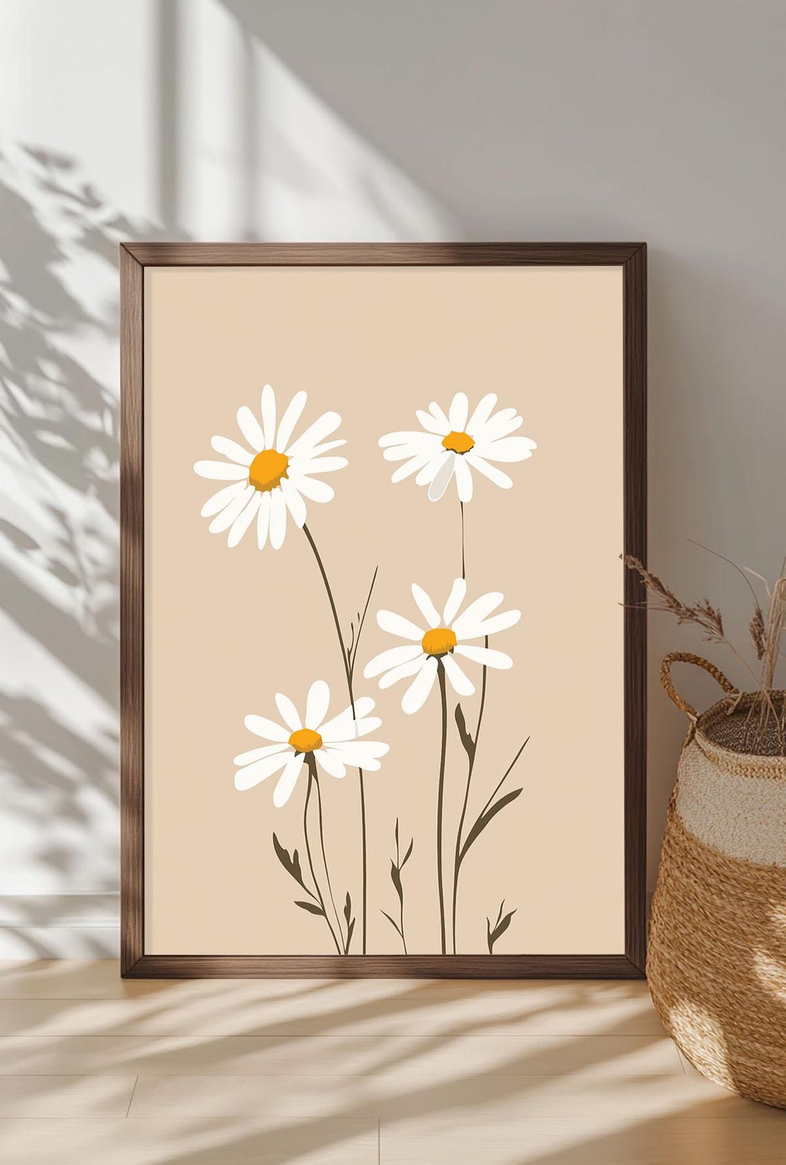 White Daisy Modern Minimalist Botanical Beige Floral Wall Art - Image 4