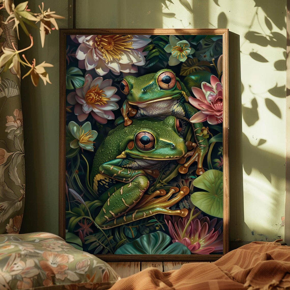 Two Green Tree Frogs Among Blossoms Tropical Floral Art Poster - Image 4