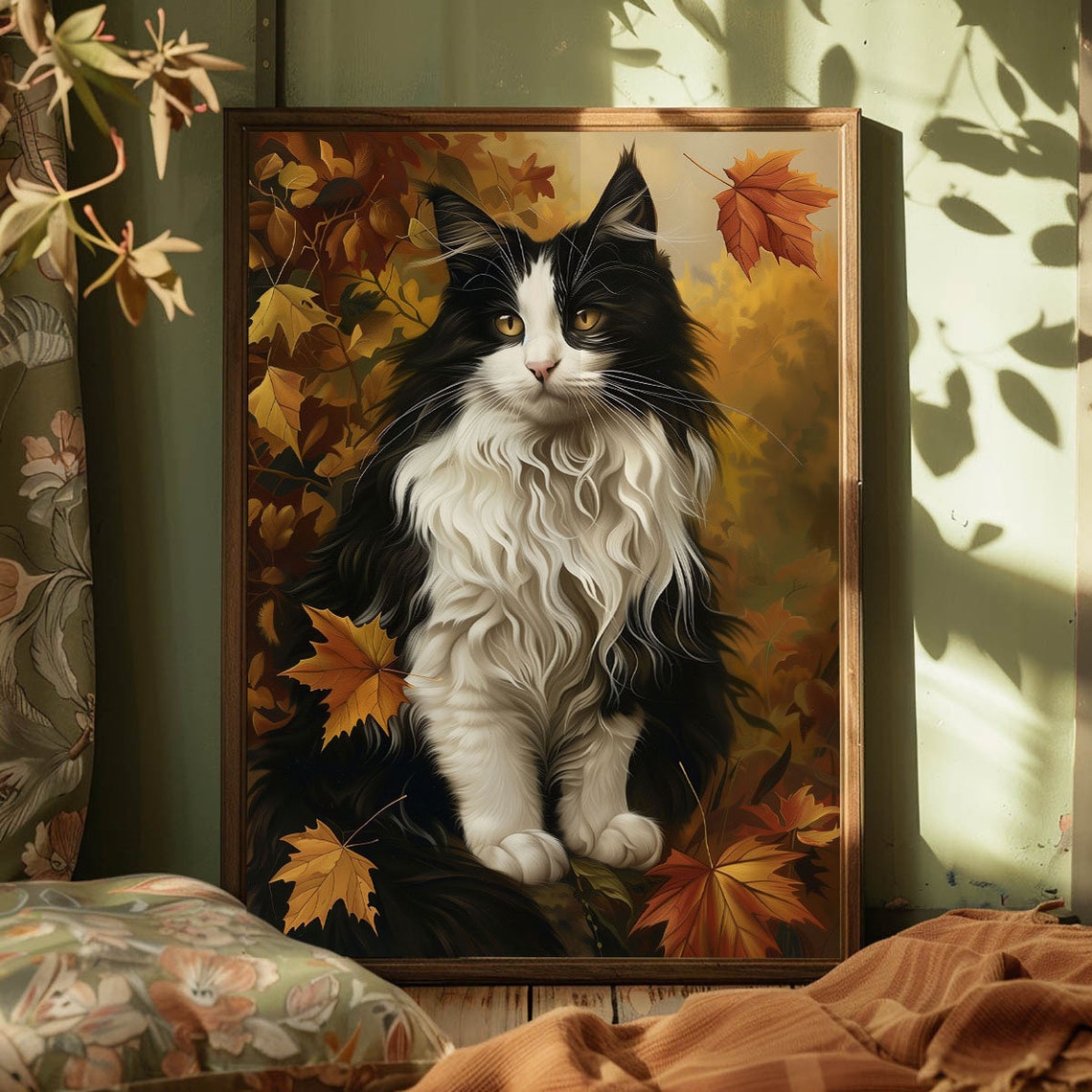 Black And White Longhair Cat Autumn Leaves Golden Fall Poster - Image 4