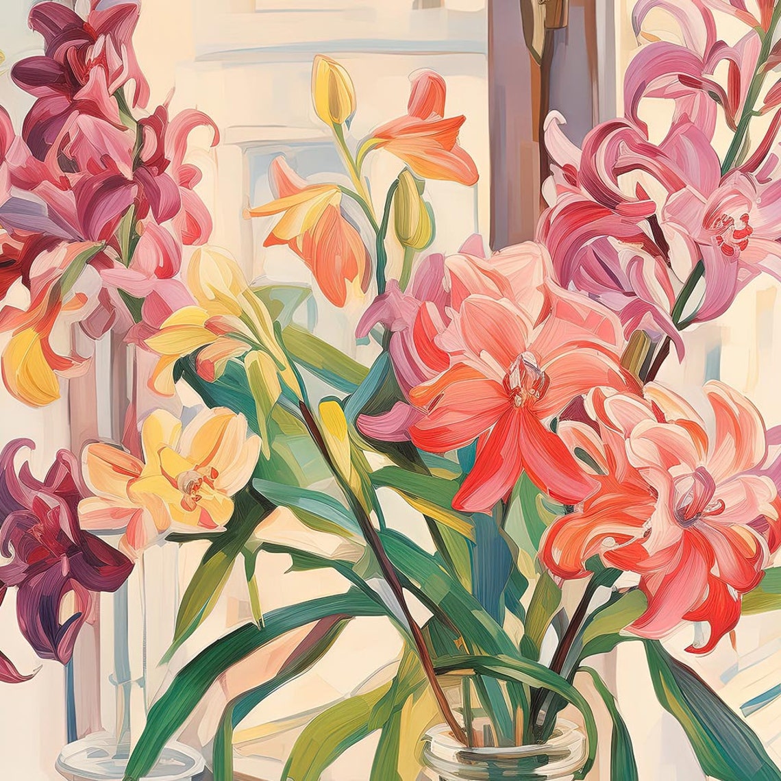 Gladiolus Flowers In Glass Vase On Sunny Windowsill Still Life Poster - Image 3