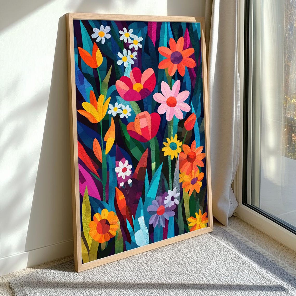 Vibrant Floral Garden Bright Flowers Dark Background Wall Art - Image 3