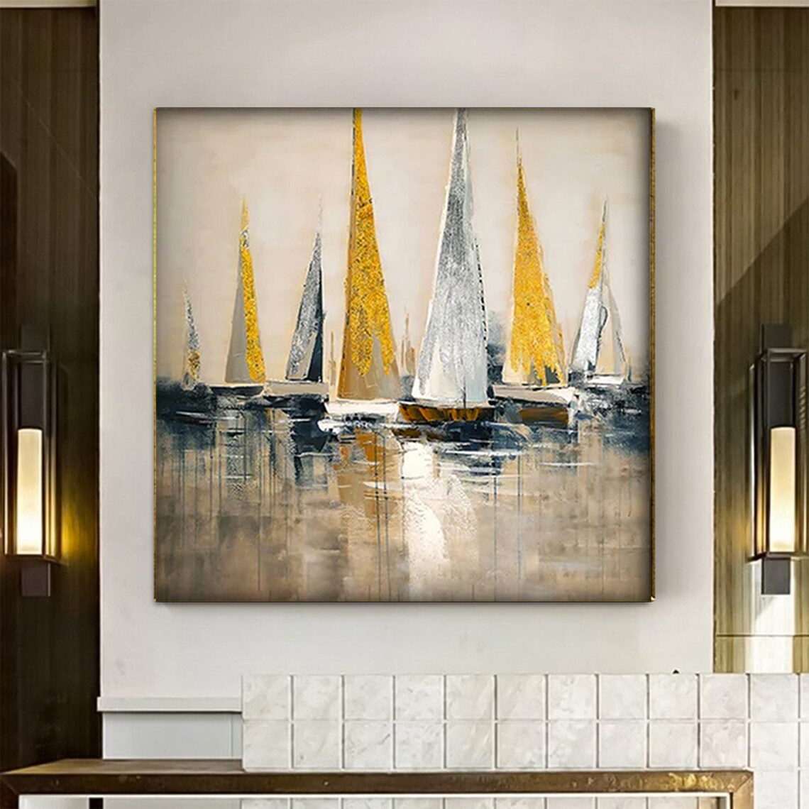 Gold Silver Sailboats Abstract Seascape Regatta Boat Art Poster