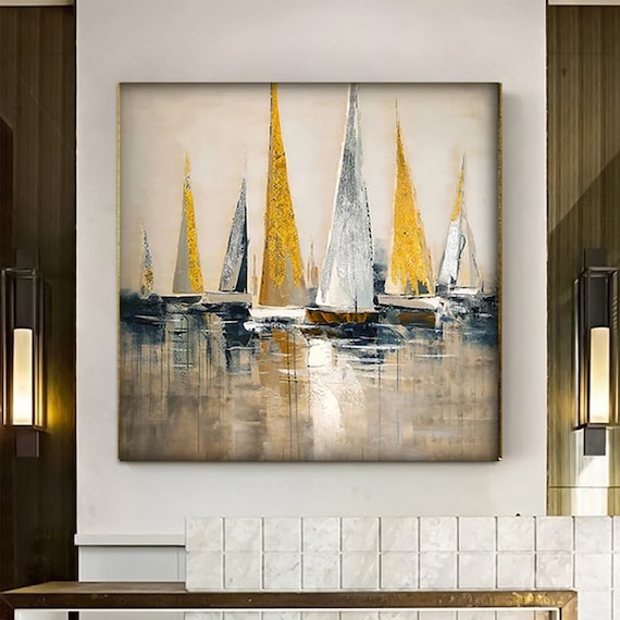 Gold Silver Sailboats Abstract Seascape Regatta Boat Art Poster