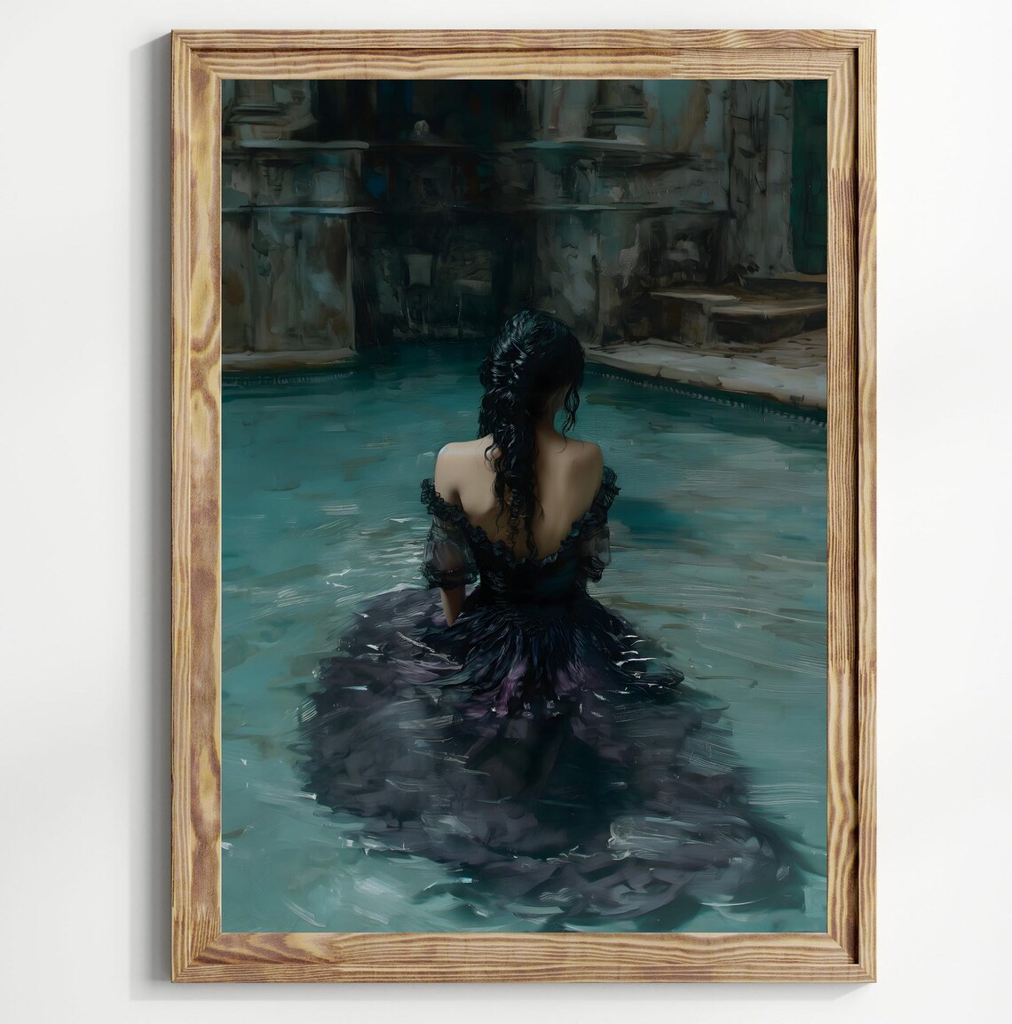 Woman In Black Gown Standing In Teal Pool Dark Romantic Water Art Poster