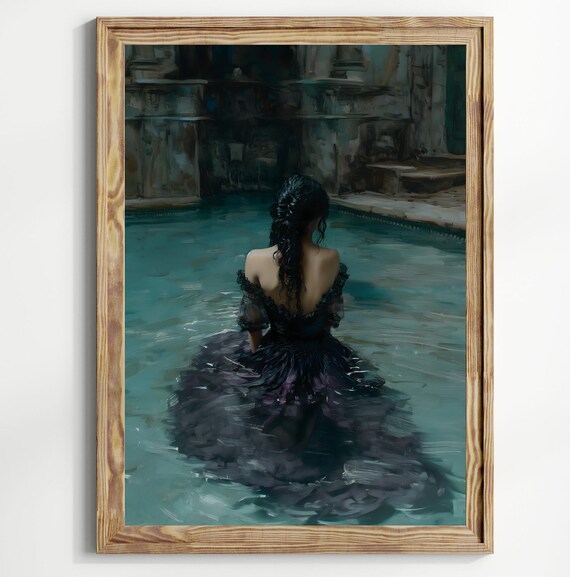 Woman In Black Gown Standing In Teal Pool Dark Romantic Water Art Poster