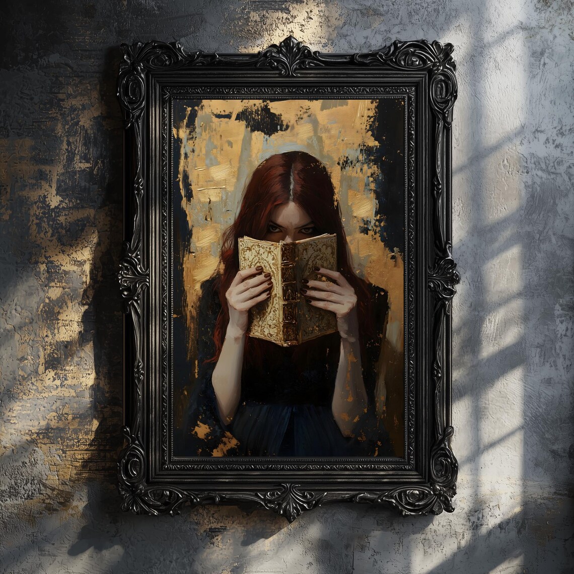Red Haired Woman Hiding Behind Antique Book Gold Black Bookish Art Poster - Image 3