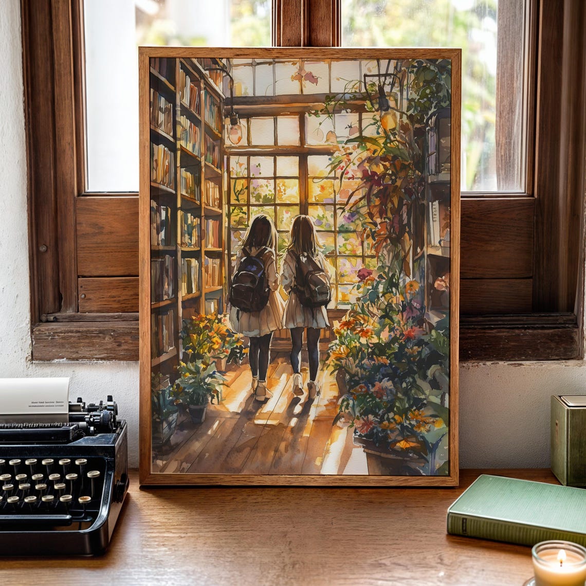 Two Girls Backpacks Greenhouse Library Sunlit Window Art Poster - Image 2