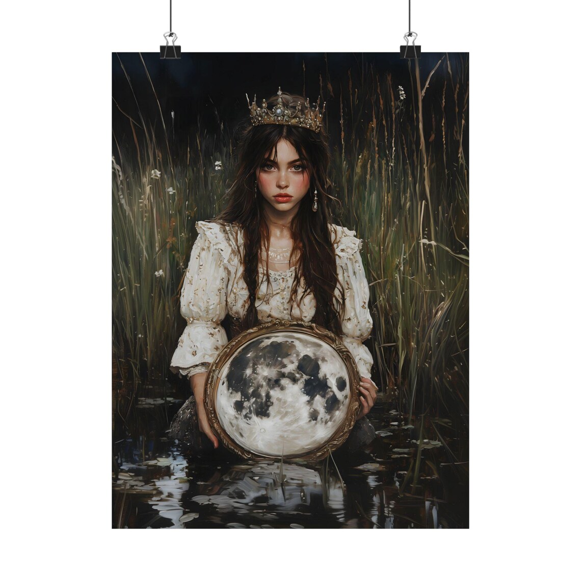 Moon In The Mirror Victorian Woman Holding Moon Dark Celestial Art Print - Image 2