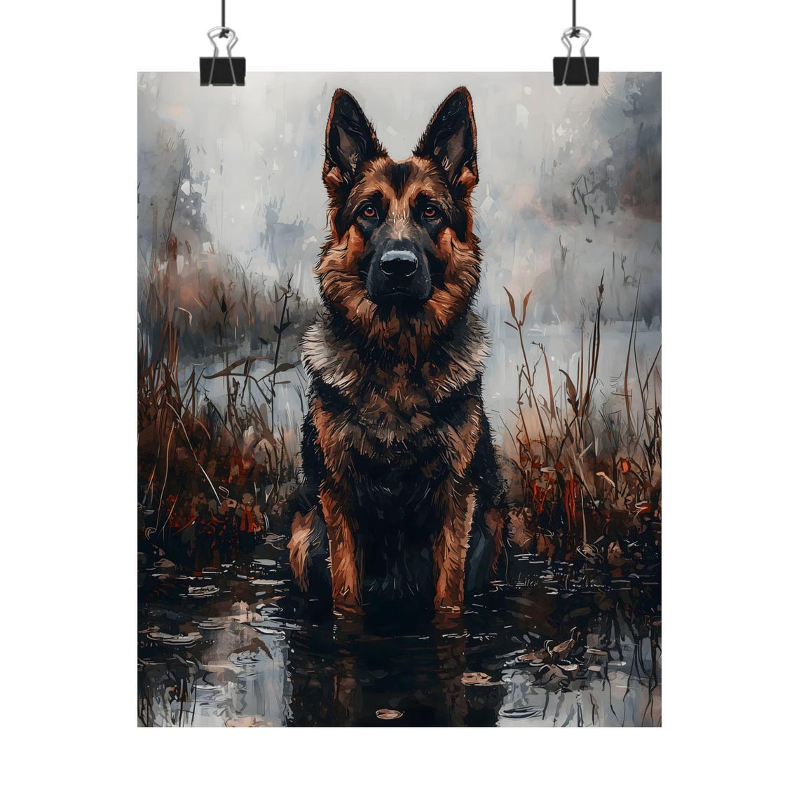 German Shepherd Sitting Dark Water Reflection Warm Moody Print - Image 2
