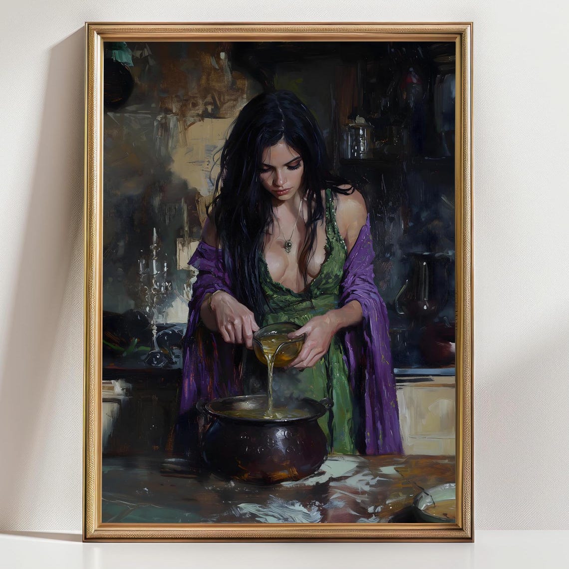 Enchanting Witch Brewing Potion In Cauldron Dark Kitchen Oil Art Print - Image 3