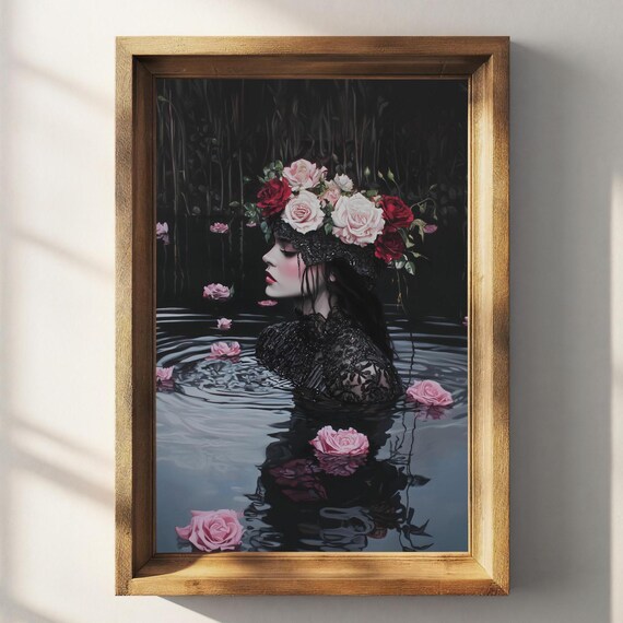 Ophelia Floating Dark Water Roses Black Lace Gothic Romance Art Poster