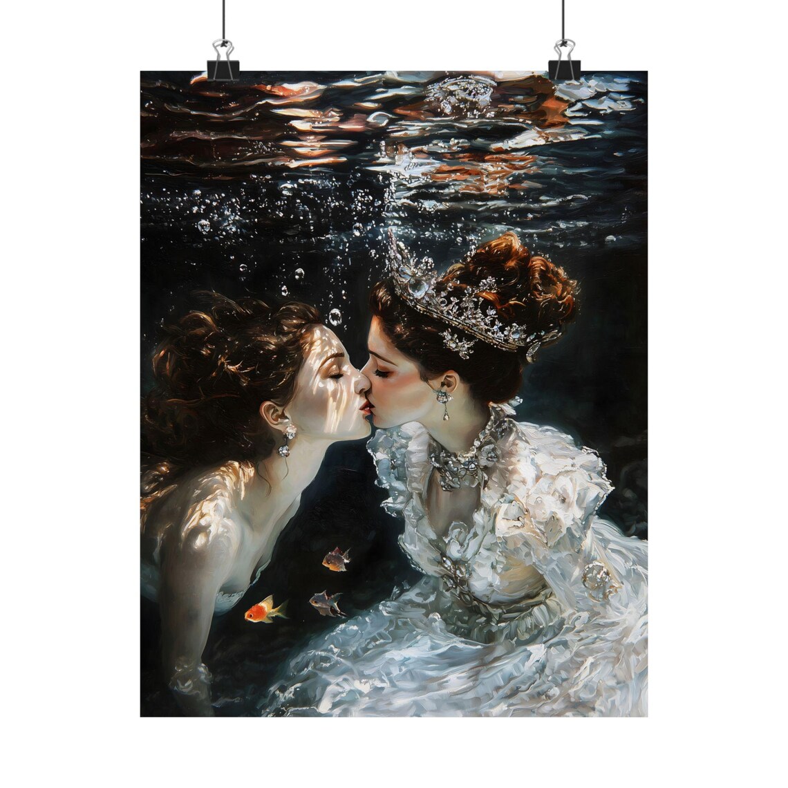Underwater Love Queens Kiss Crowned Women Ocean Oil Painting Print - Image 2
