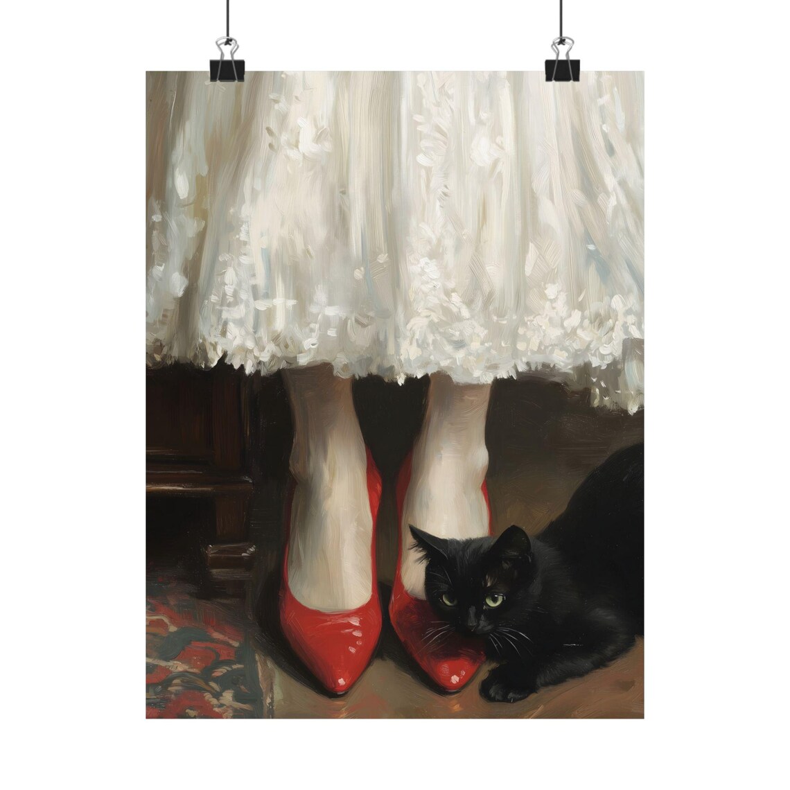 Black Cat with Woman in Red Heels Lace Dress Vintage Cat Poster
