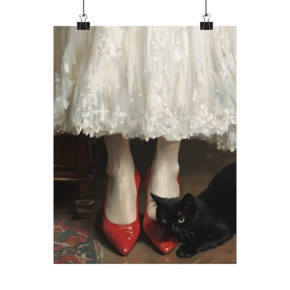 Black Cat with Woman in Red Heels Lace Dress Vintage Cat Poster