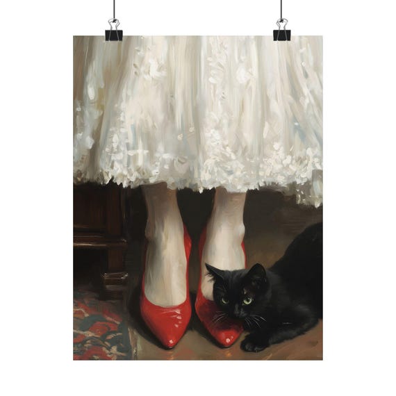 Cat And Woman Win Red Heels Victorian Print Dark Academia Victorian Home Decor Dark Art Wallart Elegant Wall Art Vintage Print Black Cat