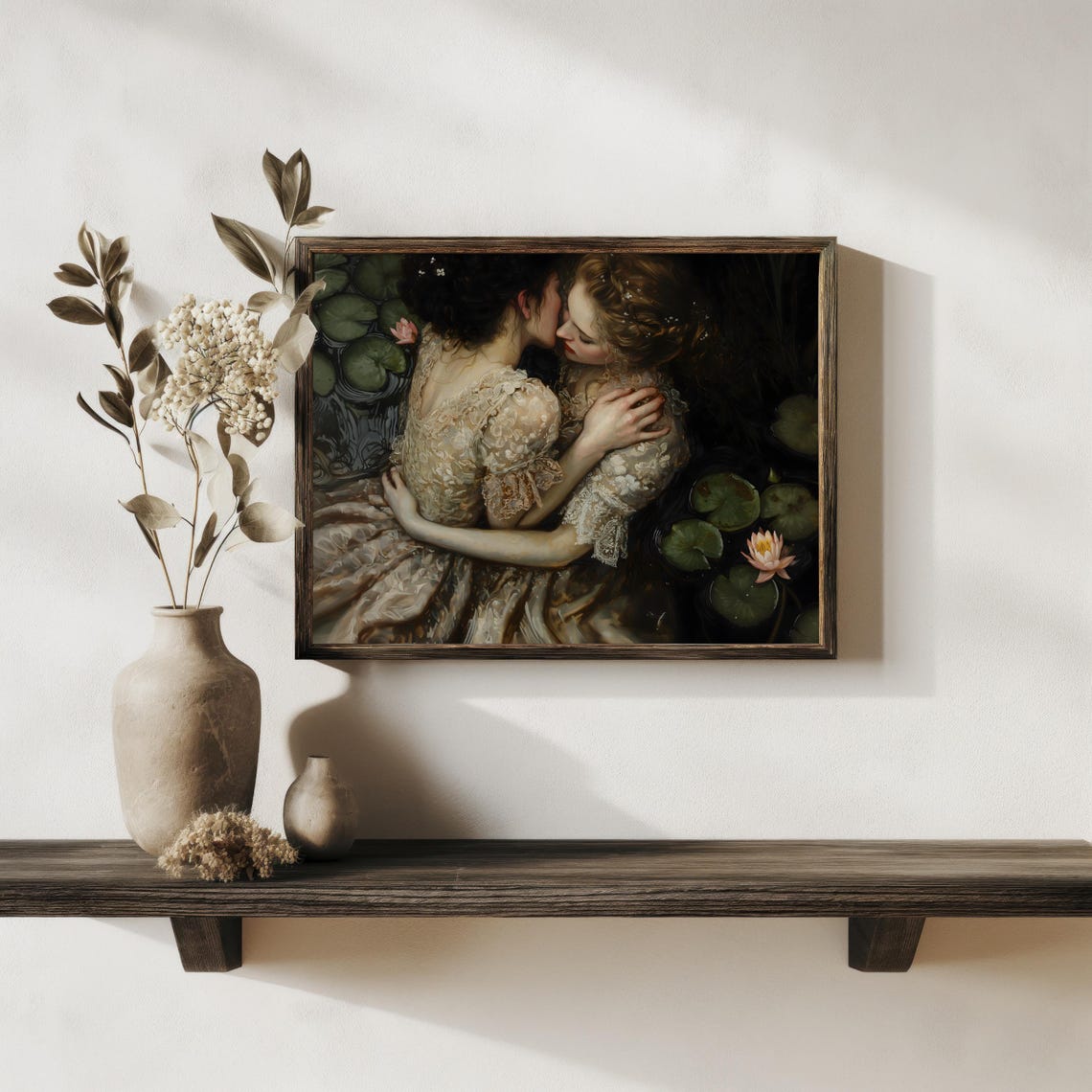 Two Women Embracing Water Lilies Dark Romantic Vintage Art Print - Image 2