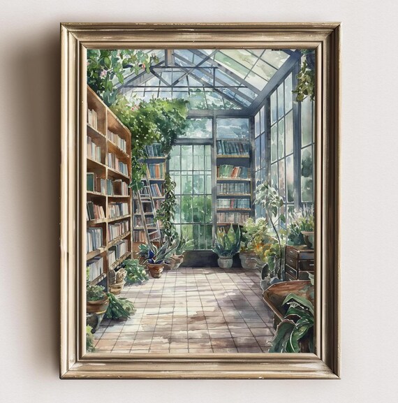 Light Academia Library And Plants Art Print Moody Enchanting Literature Dark Romantic Victorian Vintage Library Foliage Nostalgic Art