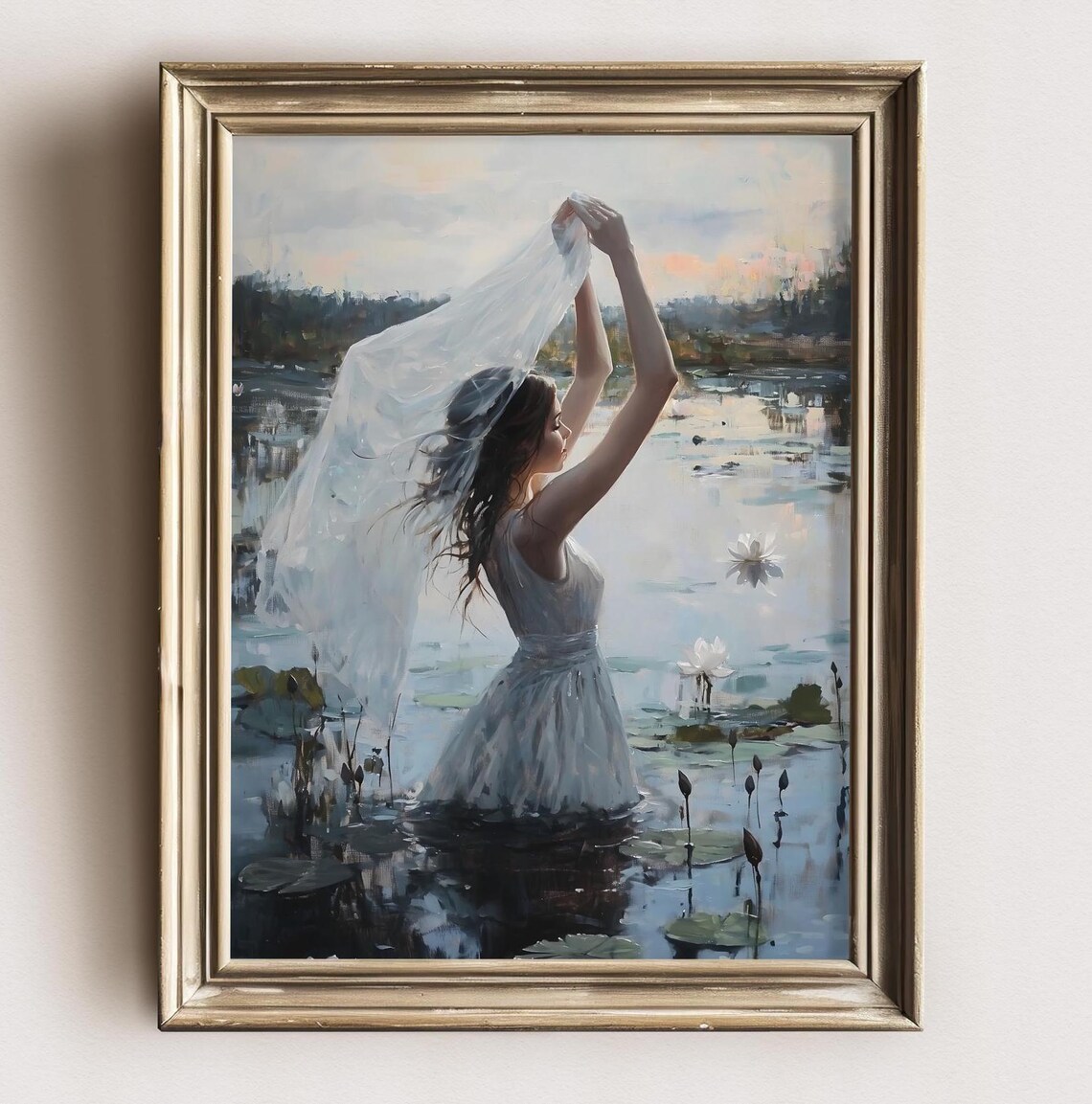 Woman White Dress Lily Pond Sheer Veil Sunrise Soft Romantic Poster