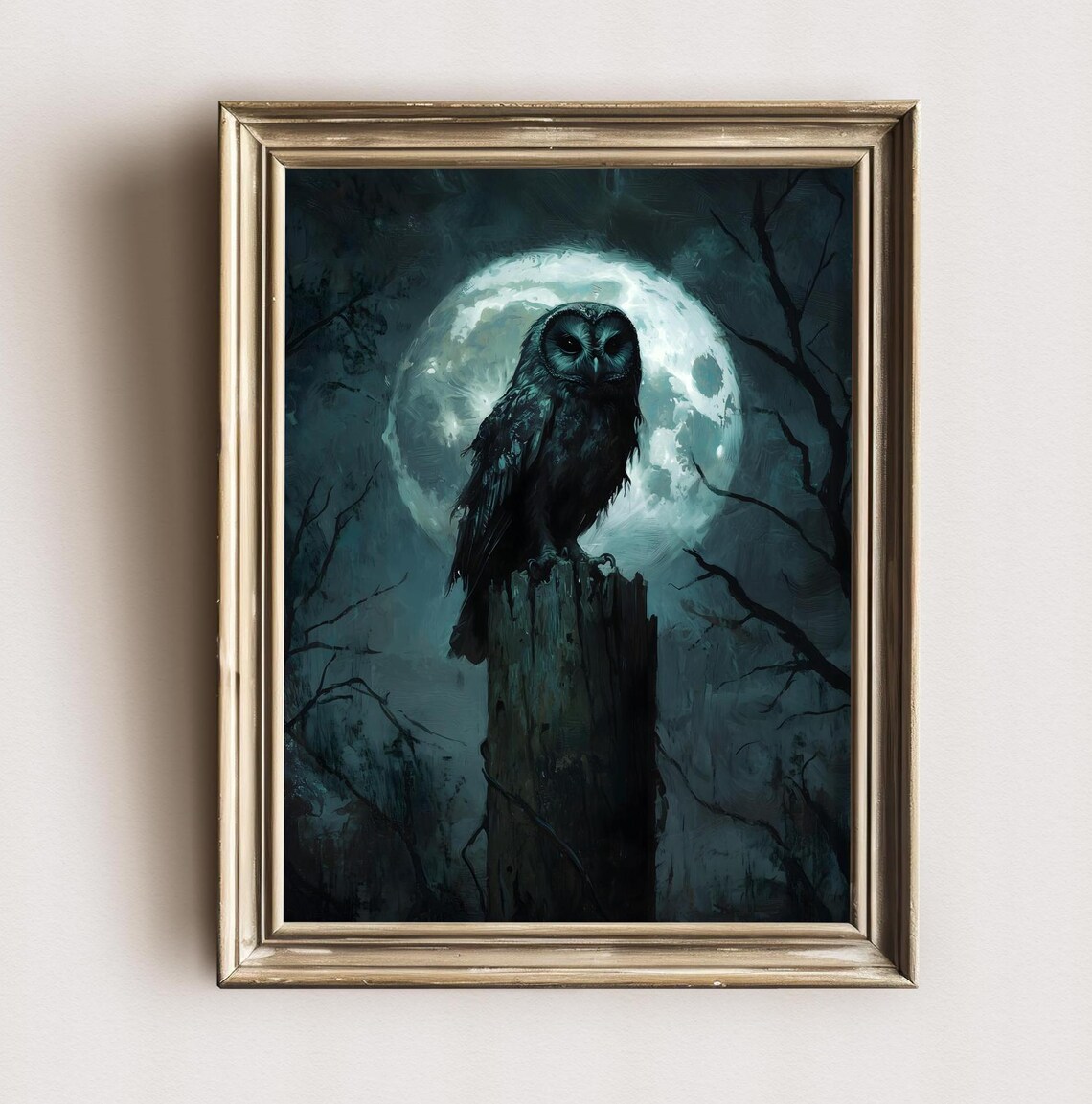 Black Owl On Tree Stump Full Moon Dark Gothic Night Forest Moody Art Print - Image 3