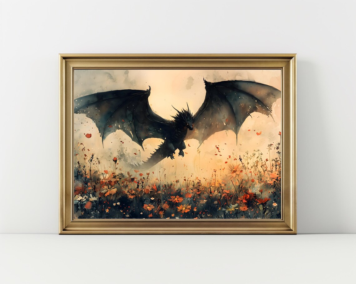 Dragon Wildflowers Fantasy Art Print, Dark Academia - Image 2