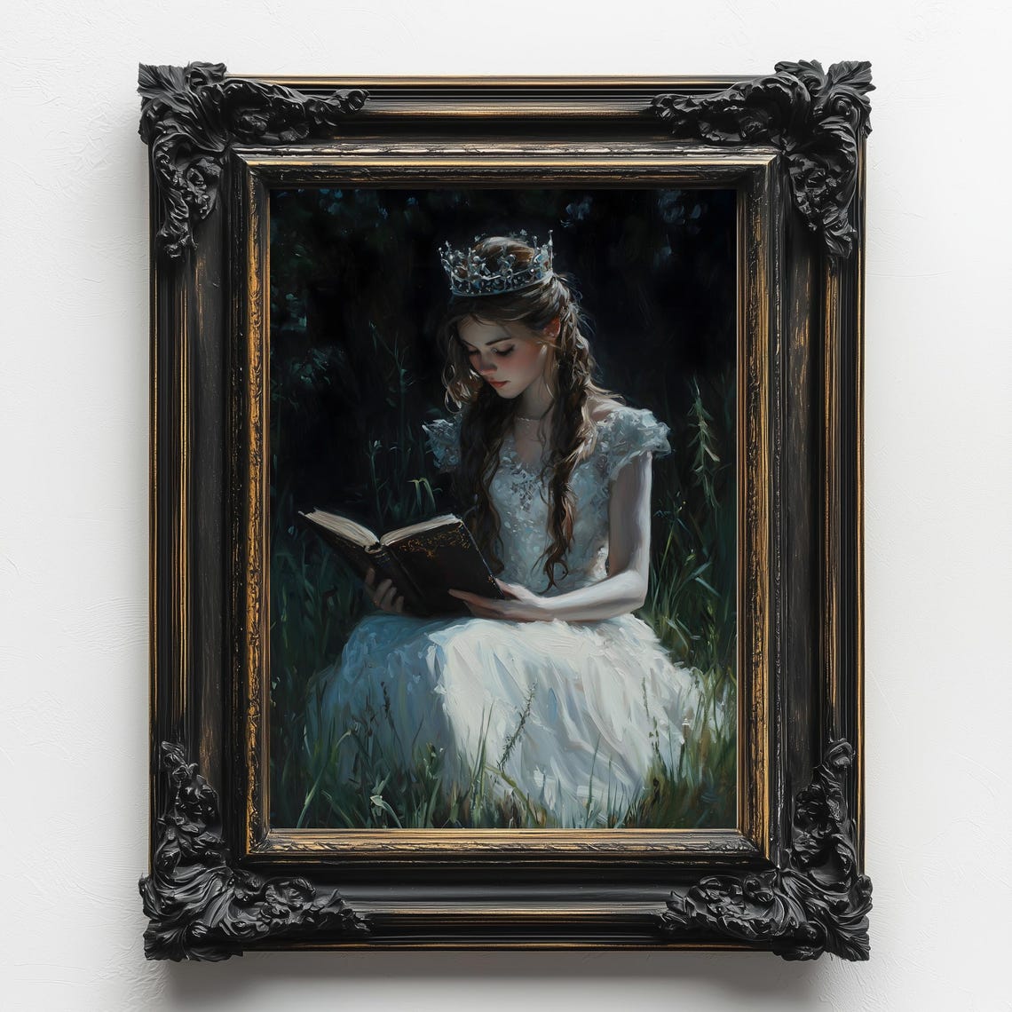 Crowned Girl Reading Book Dark Night Meadow Bookish Oil Painting Print