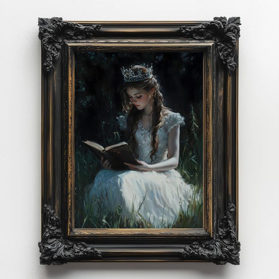 Bookish Victorian Art Print Woman Reading A Book Book Wildflowers Dark Academia Book Lovers Art Library Art Bookish Wall Art