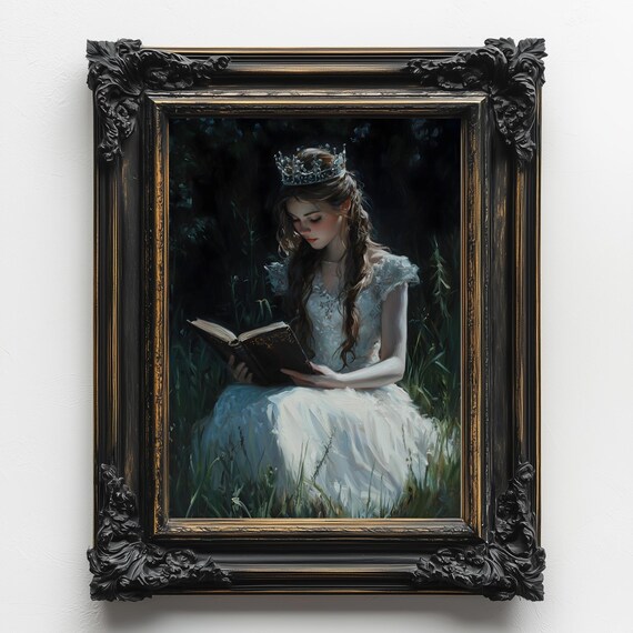 Crowned Girl Reading Book Dark Night Meadow Bookish Oil Painting Print