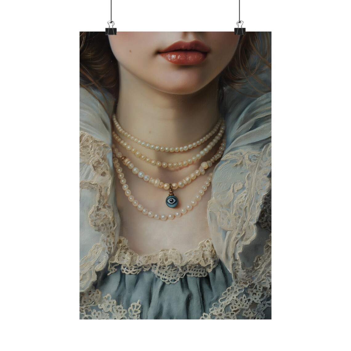 Woman Pearl Necklaces Evil Eye Pendant Moody Victorian Close-Up Wall Poster - Image 2