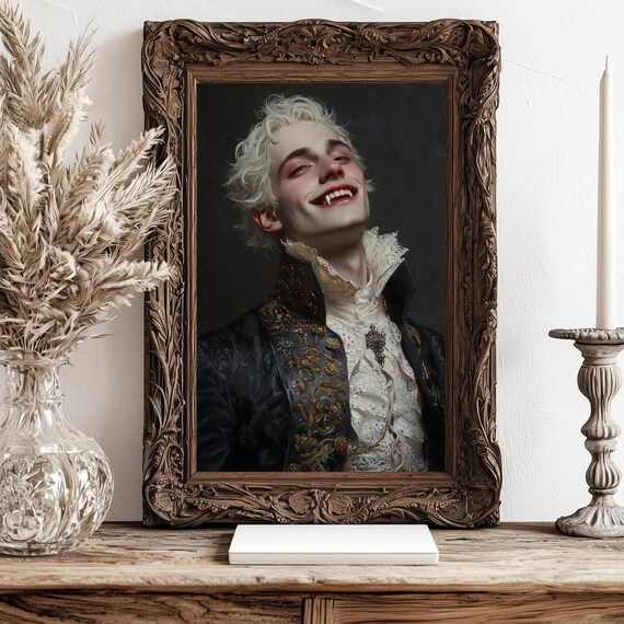 Blond Vampire Smiling Fangs Baroque Coat Lace Cravat Gothic Art Print