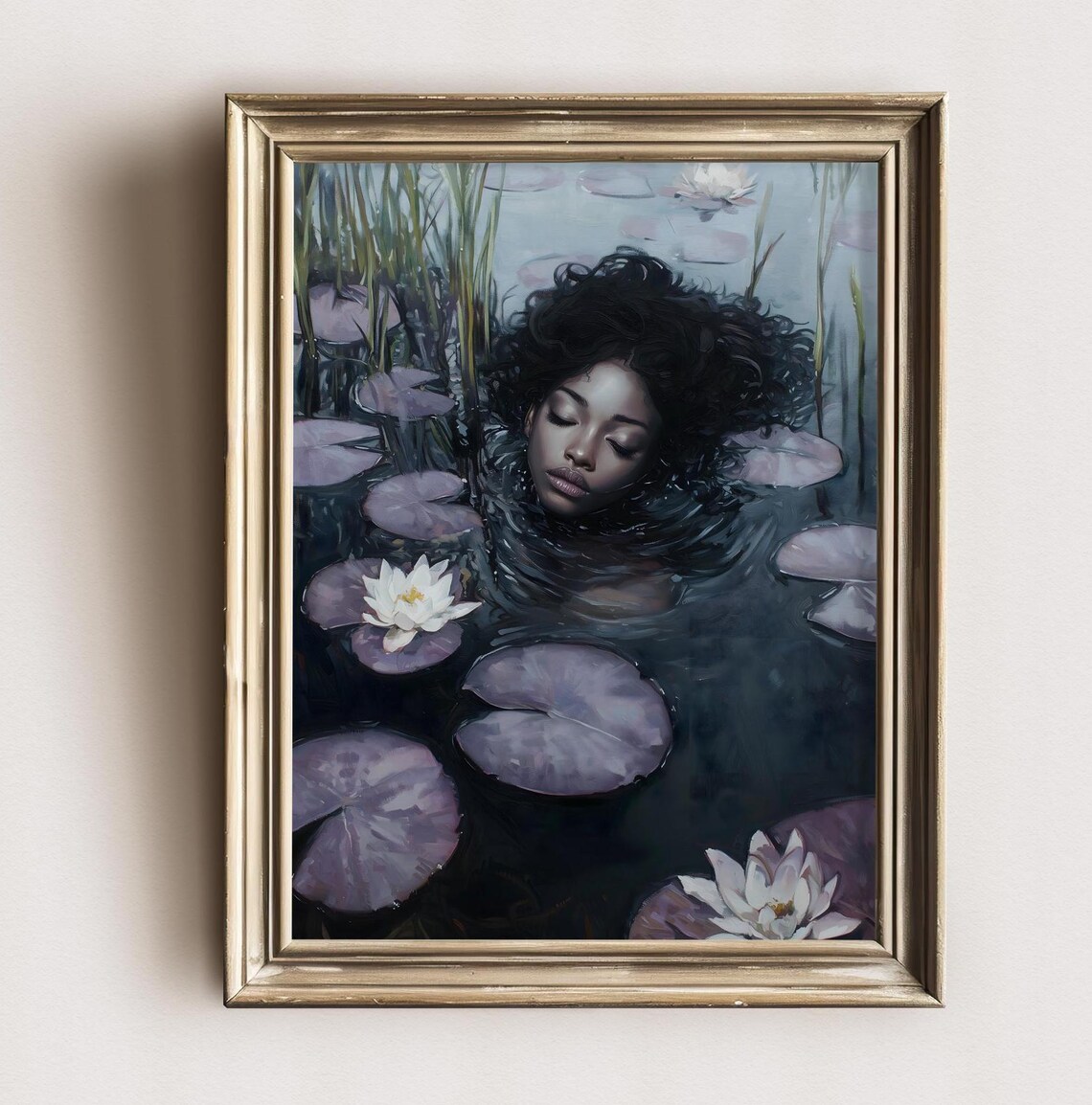 Black Ophelia Dark Curly Hair Woman White Lotus Lily Pond Gothic Poster - Image 2