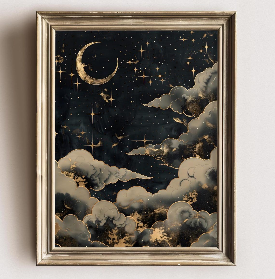 Golden Crescent Moon And Stars Black Night Sky Celestial Art Print - Image 2