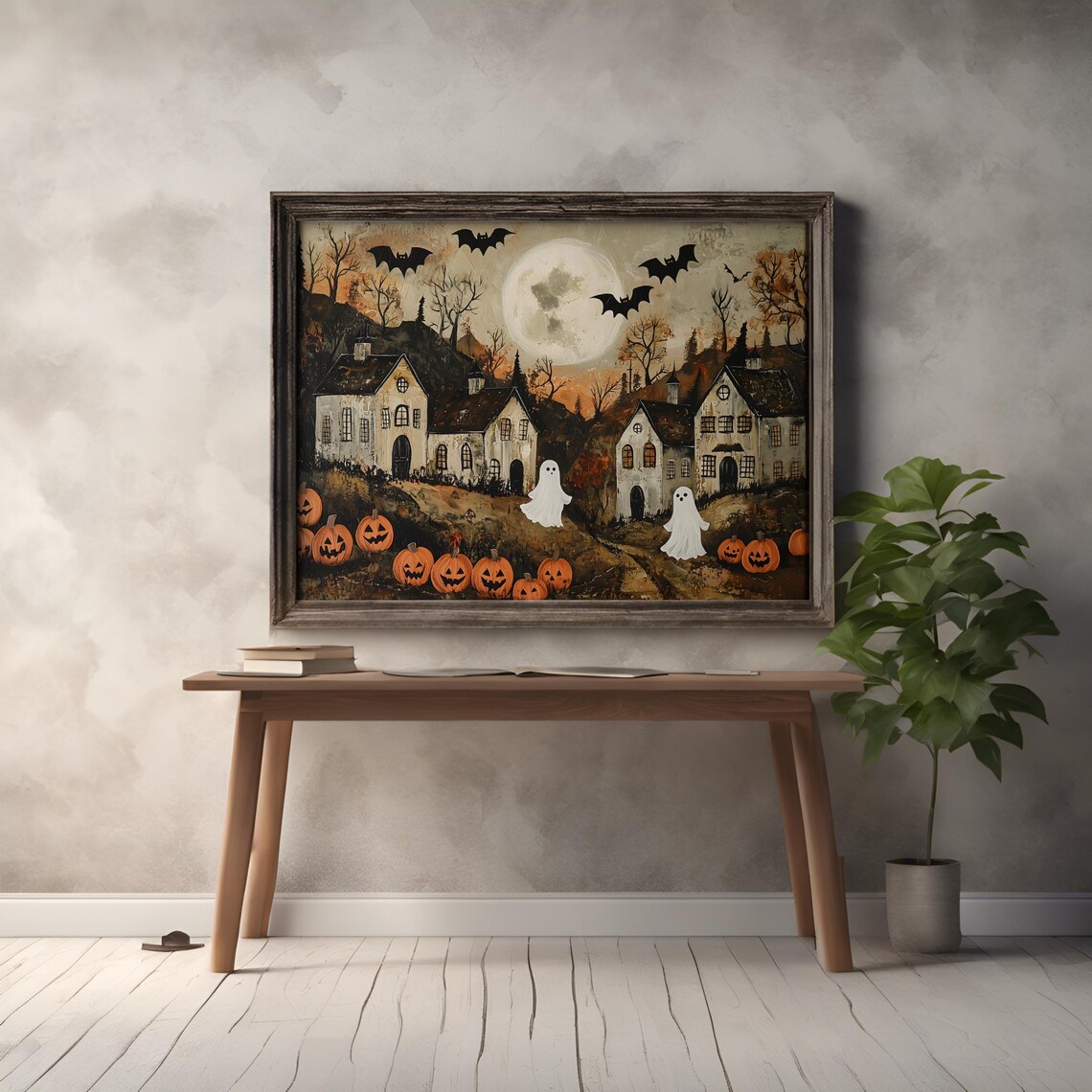 Halloween Town Folk Art Poster, Vintage Halloween Style - Image 2
