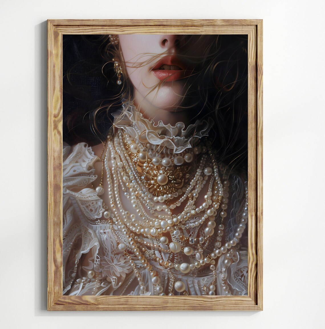Victorian Lady Lace Collar Layered Pearls Portrait Dark Elegant Art Print - Image 2