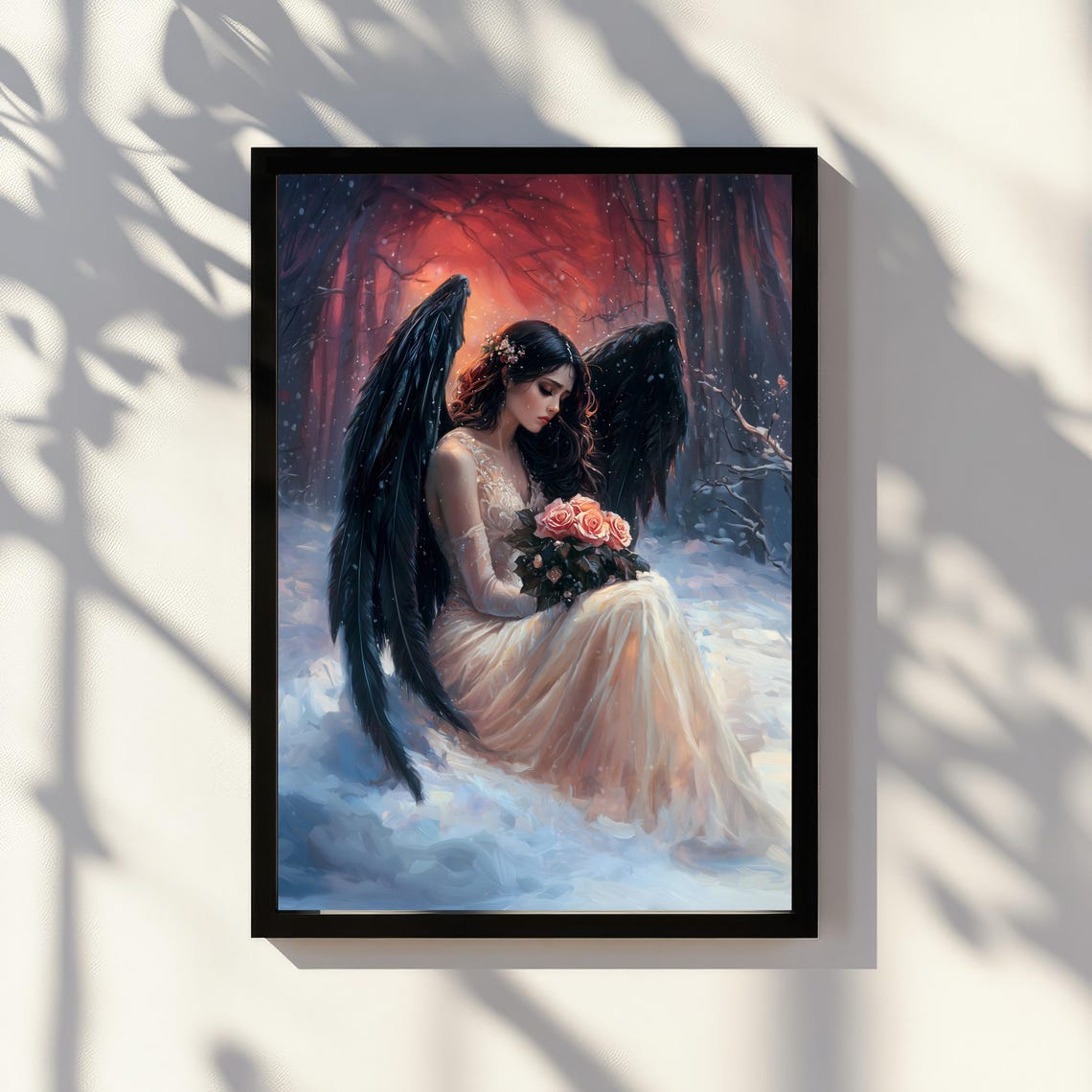 Dark Fallen Angel Black Wings Snow Roses Gothic Fantasy Art Print - Image 2