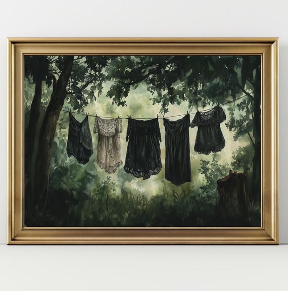 Laundry On A Line Gothic Victorian Decor Laundry Room Art Dark Cottagecore Moody Painting Print Farmhouse Wall Decor Goth Dark Decor