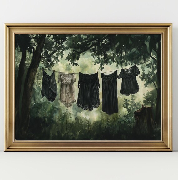 Vintage Dresses On Clothesline In Green Forest Black And White Lace Watercolor Poster