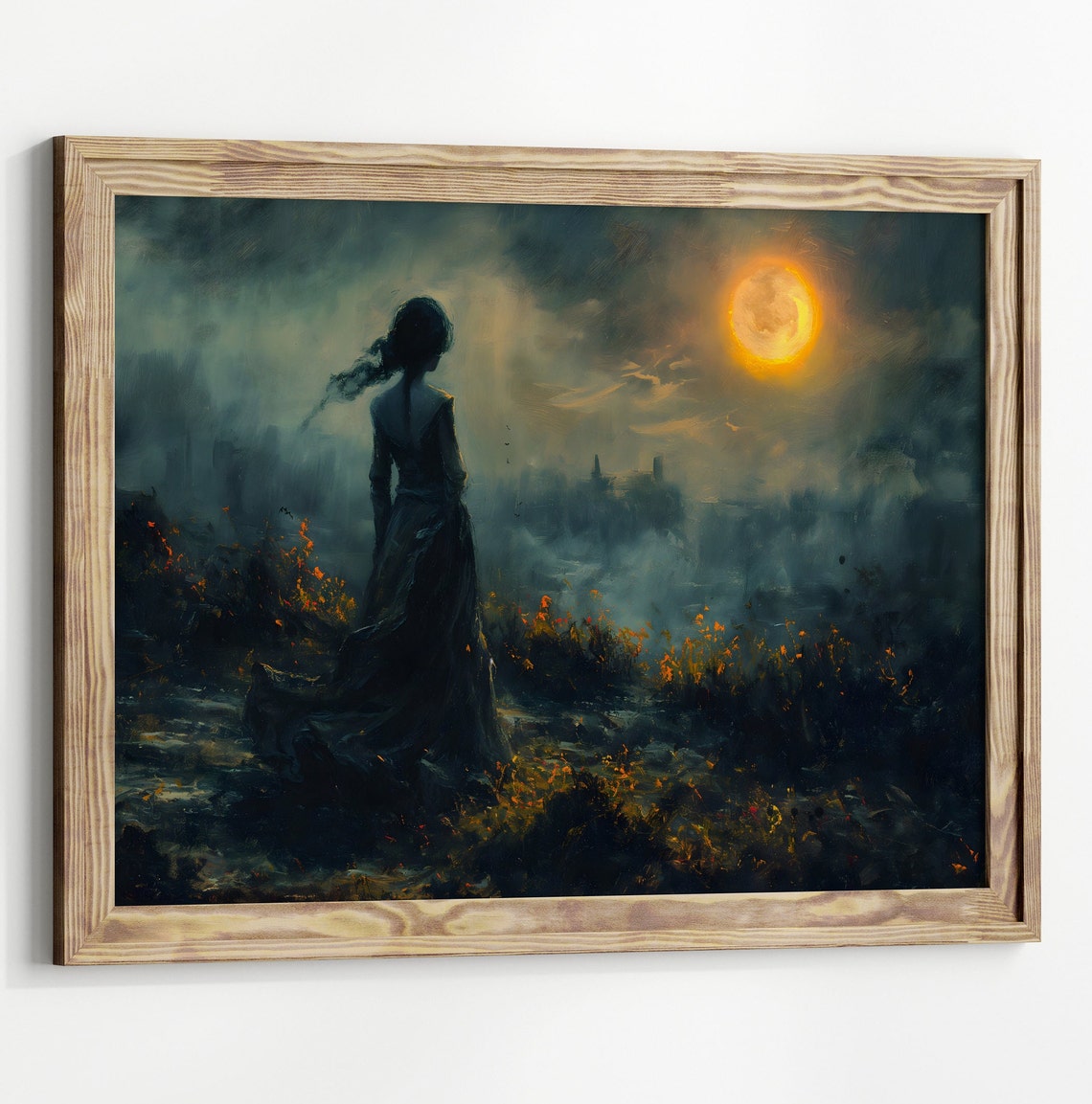 Moody Victorian Woman Silhouette Moonlit Misty Cityscape Wall Art - Image 2